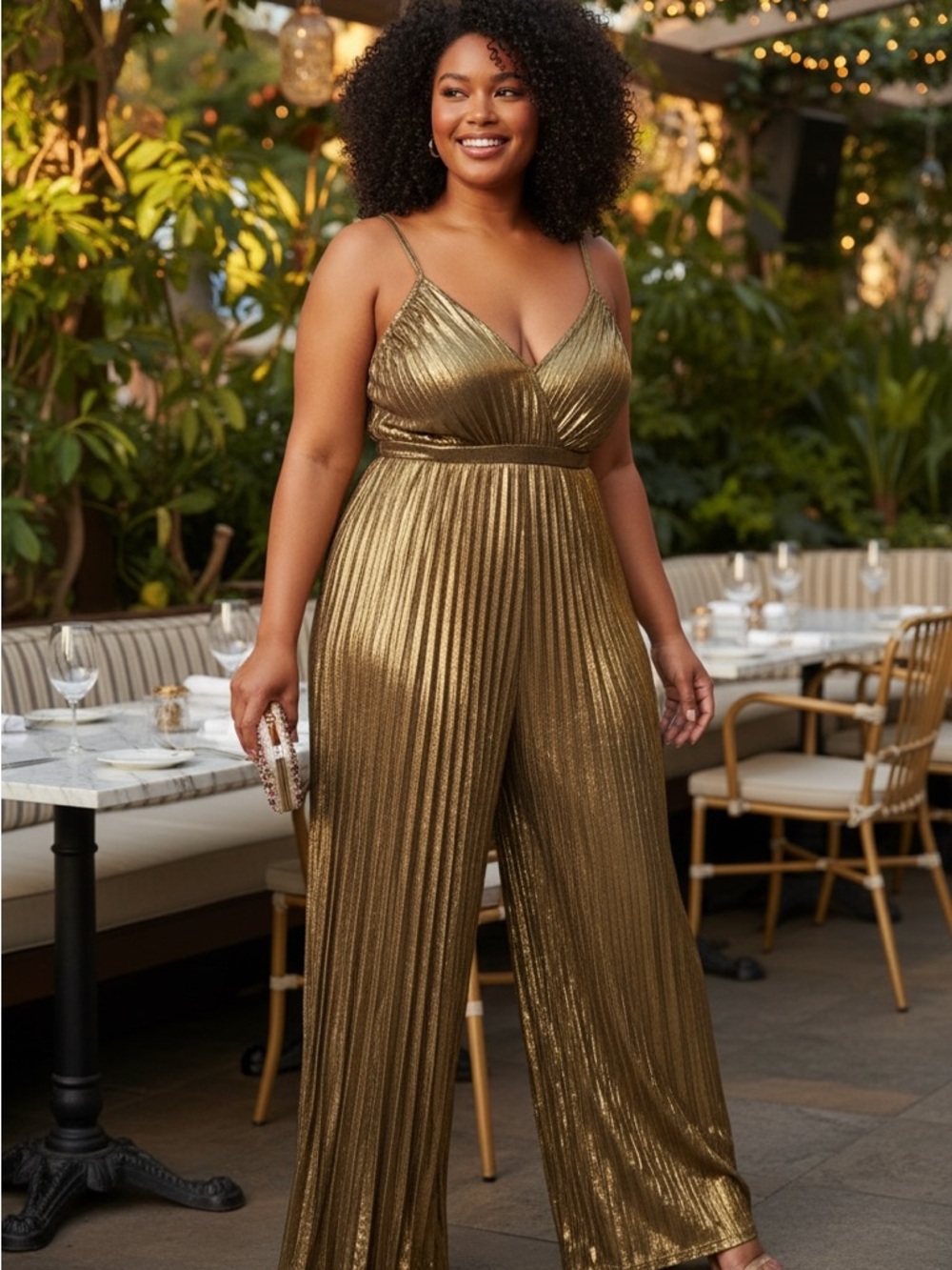 Gold Metallic Pleated Spaghetti-Strap Jumpsuit